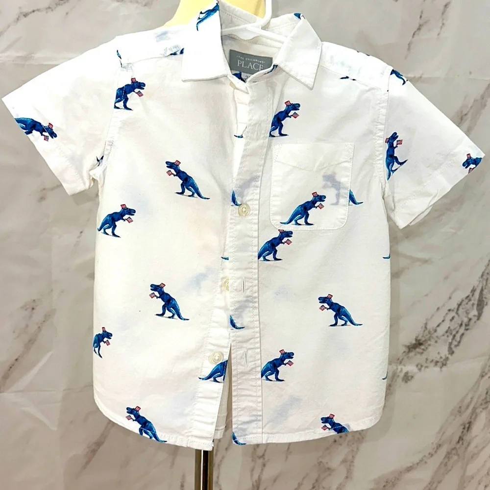 Patriotic‎ red white and blue T. rex button down short sleeve dress shirt 2t
